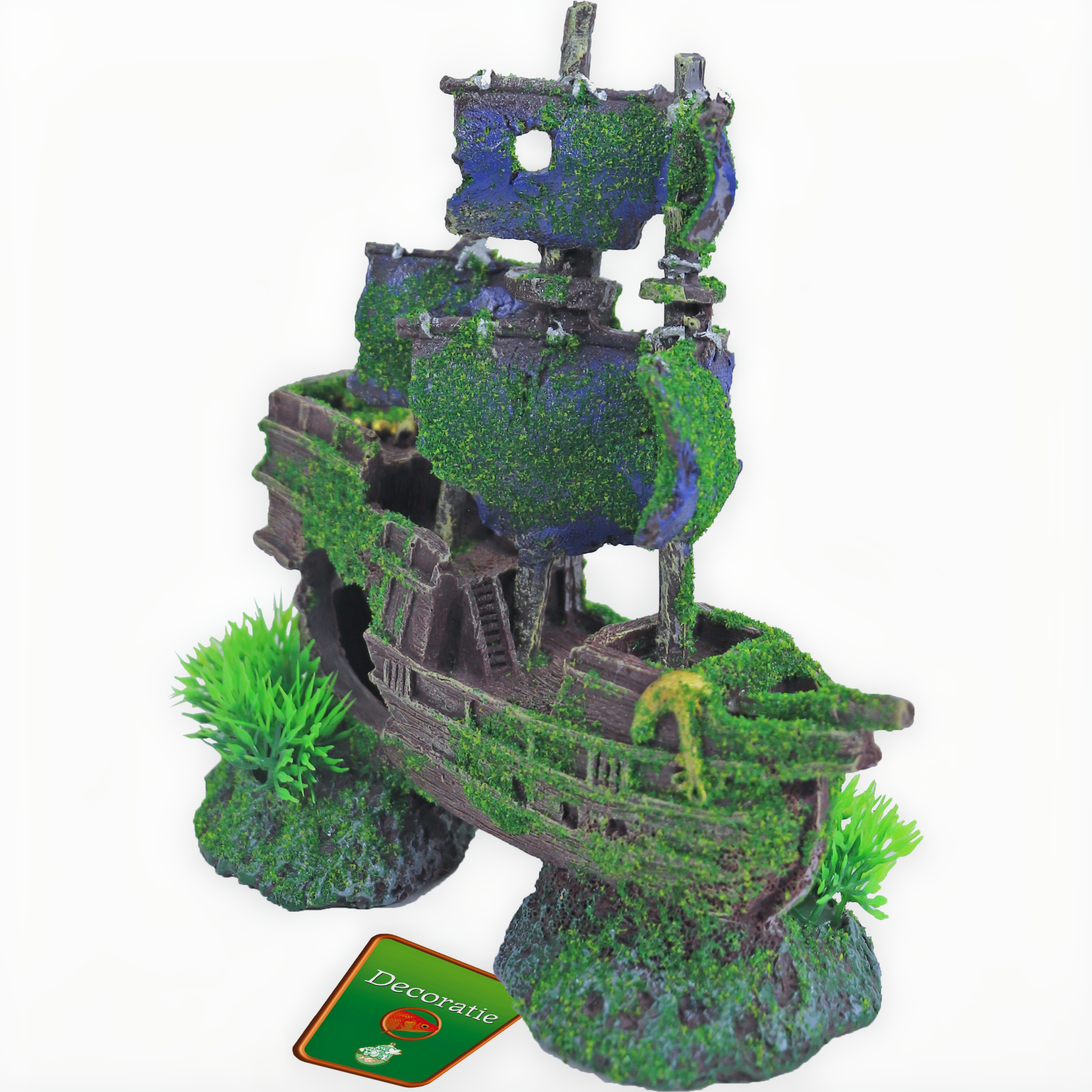 Ornament Gezonken Galjoen+Gaten+Mos 18cm