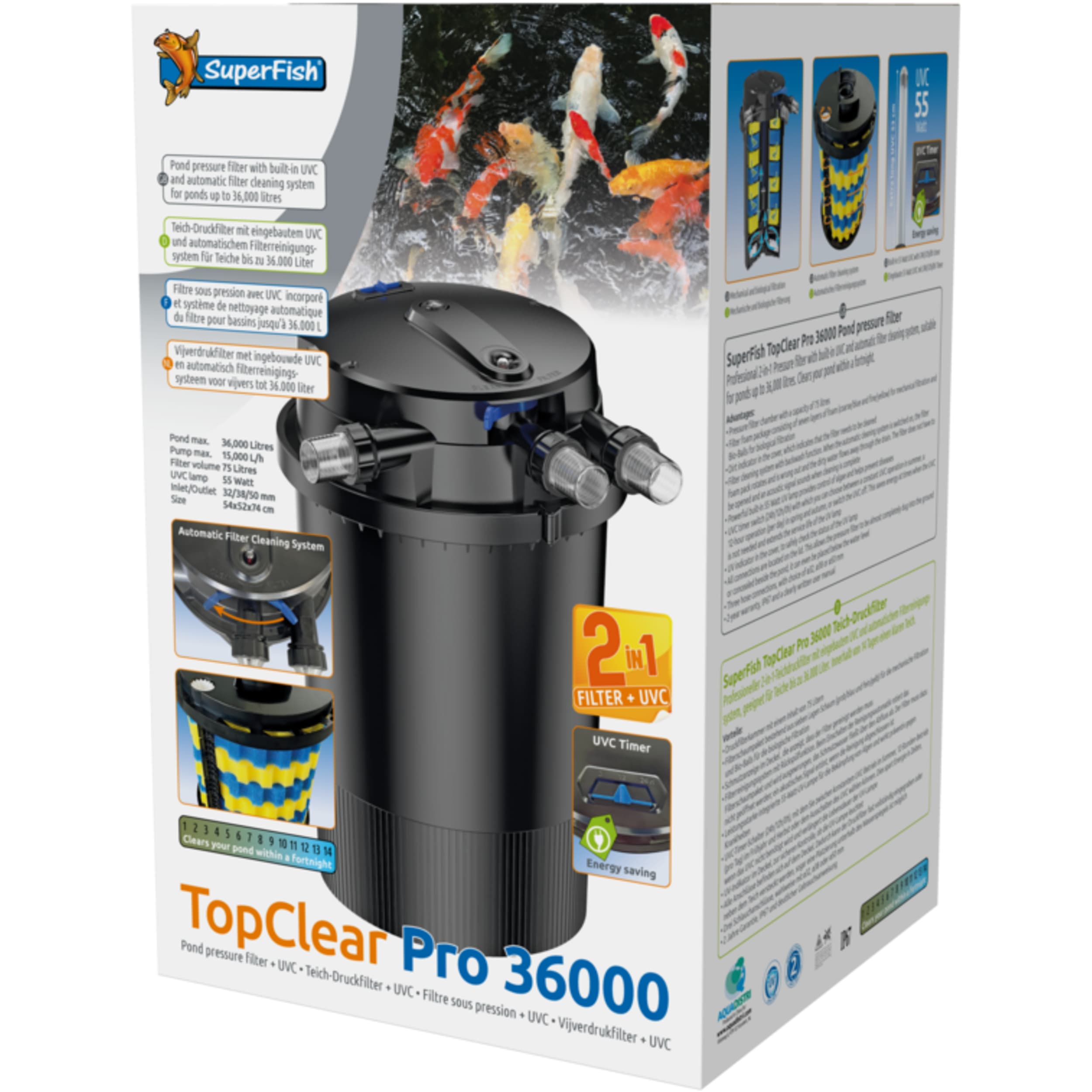 Superfish Topclear Pro 36.000 UVC 55W Drukfilter met Auto Clean voor Vijvers - Kristalhelder Water